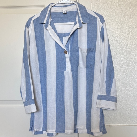 Old Navy Tops - Women’s Blue White Coastal Stripe Casual Button-Down Linen Blend Size M